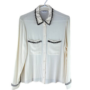 Naf Naf beige  button down blouse with Fringe Detail